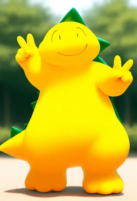 zuppusaurus (zuppu11), zuppu11 old type 2, r5k8m, yellow body, solo, happy, smile, full body, v, blurry, blurry background, masterpiece, best quality, good quality, general