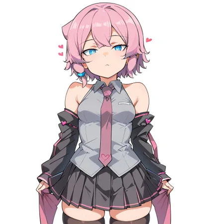 score_9, 1girl, maeve, pink hair, short hair, blue eyes, abmayo, solo, 1girl, skirt, detached sleeves, heart, thighhighs, bangs, necktie, shirt, pleated skirt, black thighhighs, bare shoulders, black skirt, simple background, hair ornament, looking at viewer, cowboy shot, shiny, grey shirt, breasts, zettai ryouiki, white background