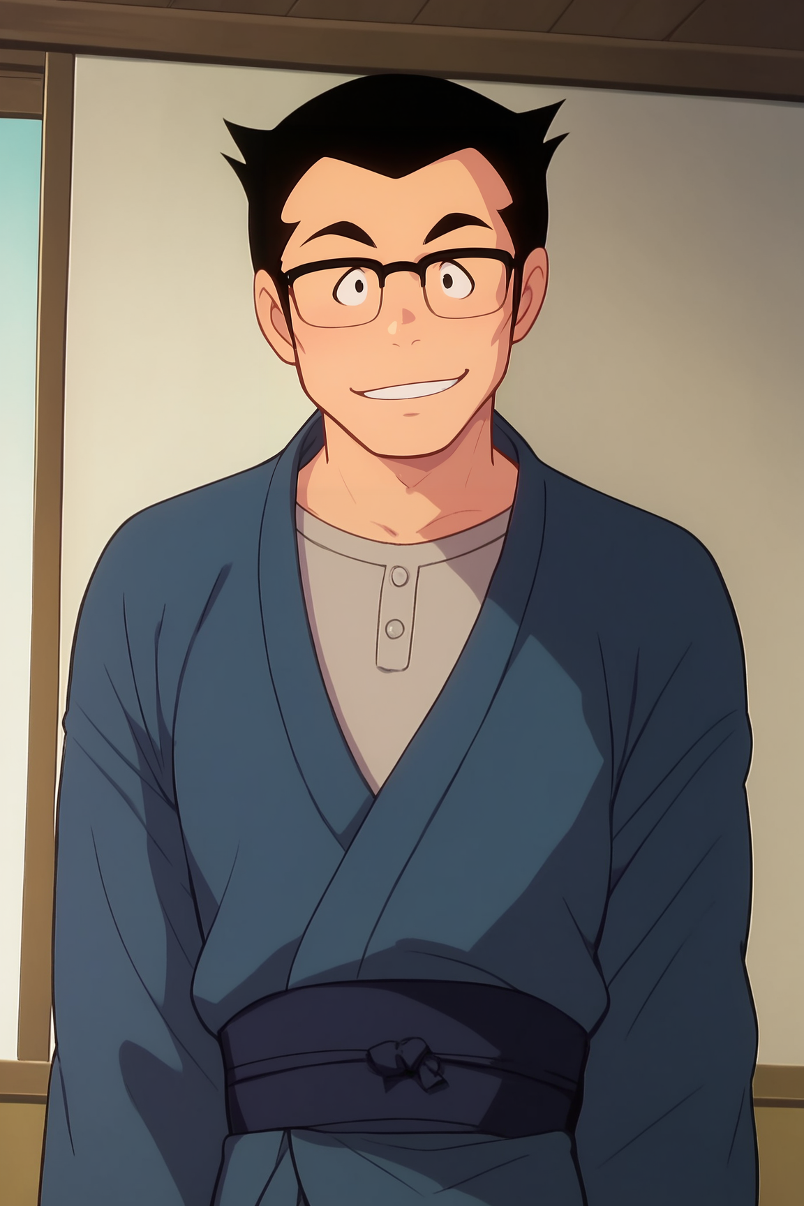 score_9, score_8_up, score_7_up, score_6_up, BREAK, AtaruFatherUYXL, black eyes, black hair, short hair, sideburn, black glasses, pectorals, japanese clothes, blue kimino, long sleeves, solo, front view, (portrait, upper body), solo focus, seductive smile, looking at viewer, indoors  <lora:AtaruFatherUYXL:1>