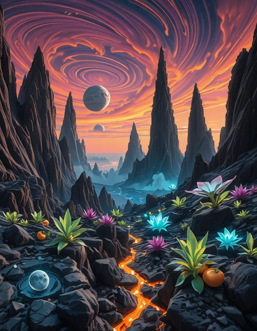 A breathtaking alien planet with a surreal and otherworldly landscape. The terrain is vast and diverse, featuring towering jagged rock formations with glowing bioluminescent veins running through them. The ground is covered in a mix of iridescent sand and patches of strange, luminescent plant life that emit a soft, pulsating glow. In the distance, a massive gas giant with swirling colorful clouds dominates the sky, accompanied by multiple moons of varying sizes. The atmosphere is thick with misty, swirling vapors, casting an ethereal glow over the horizon. Floating islands hover in the sky, defying gravity, with cascading waterfalls that vanish into the mist below. Strange, spire-like structures—either natural formations or remnants of an ancient civilization—rise from the landscape, adding a sense of mystery. The sky is a mesmerizing blend of deep purples, blues, and fiery oranges, with twin suns casting dramatic, elongated shadows. The scene is immersive, evoking a sense of wonder and discovery on an uncharted alien world.
<lora:SDXLFaeTastic2400:0.4> <lora:extremely_detailed:0.4> extremely detailed, <lora:alien_pl4n3t-ill:1>,alien pl4n3t, Masterpiece,best quality,hi res,8k,hi res,8k,award winning,(sharp focus, intricate, highly detailed),