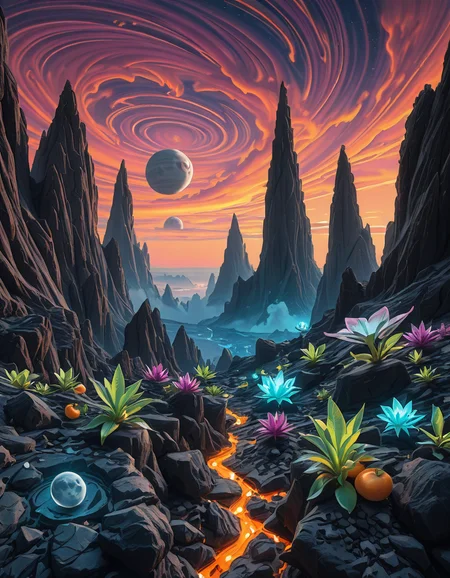 A breathtaking alien planet with a surreal and otherworldly landscape. The terrain is vast and diverse, featuring towering jagged rock formations with glowing bioluminescent veins running through them. The ground is covered in a mix of iridescent sand and patches of strange, luminescent plant life that emit a soft, pulsating glow. In the distance, a massive gas giant with swirling colorful clouds dominates the sky, accompanied by multiple moons of varying sizes. The atmosphere is thick with misty, swirling vapors, casting an ethereal glow over the horizon. Floating islands hover in the sky, defying gravity, with cascading waterfalls that vanish into the mist below. Strange, spire-like structures—either natural formations or remnants of an ancient civilization—rise from the landscape, adding a sense of mystery. The sky is a mesmerizing blend of deep purples, blues, and fiery oranges, with twin suns casting dramatic, elongated shadows. The scene is immersive, evoking a sense of wonder and discovery on an uncharted alien world.
<lora:SDXLFaeTastic2400:0.4> <lora:extremely_detailed:0.4> extremely detailed, <lora:alien_pl4n3t-ill:1>,alien pl4n3t, Masterpiece,best quality,hi res,8k,hi res,8k,award winning,(sharp focus, intricate, highly detailed),