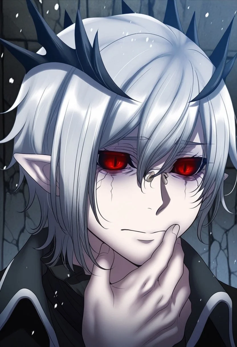 Sallos, 1 person, gray hair, short haircut, red eyes, narrow pupils, black sclera, cracks under the eyes, horns in the form of a crown, pointed ears,