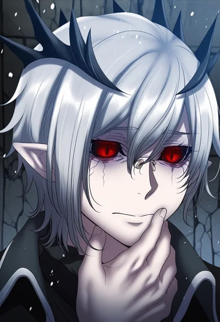 Sallos, 1 person, gray hair, short haircut, red eyes, narrow pupils, black sclera, cracks under the eyes, horns in the form of a crown, pointed ears,