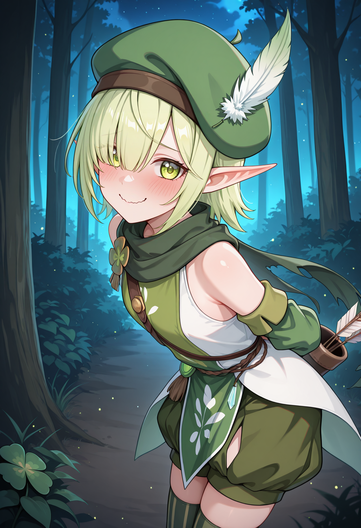 highres, best quality, masterpiece, forest, night,
1girl, pcraoi, short hair, elf, light green hair, pointy ears, green eyes, hair over one eye,
pcaodef, hat feather, white feather, green headwear, beret, green scarf, torn scarf, clover, two-tone shirt, green tabard, white shirt, sleeveless shirt, bare shoulders, detached sleeves, green sleeves, green shorts, puffy shorts, vertical-striped thighhighs, shoulder belt,
looking at viewer, blush, embarrassed, smile, wavy mouth, 
standing, arms behind back, from side,
quiver, arrow \(projectile\), leaning forward, 
<lora:_aoi_pcr-elesico-ilxlG:1>