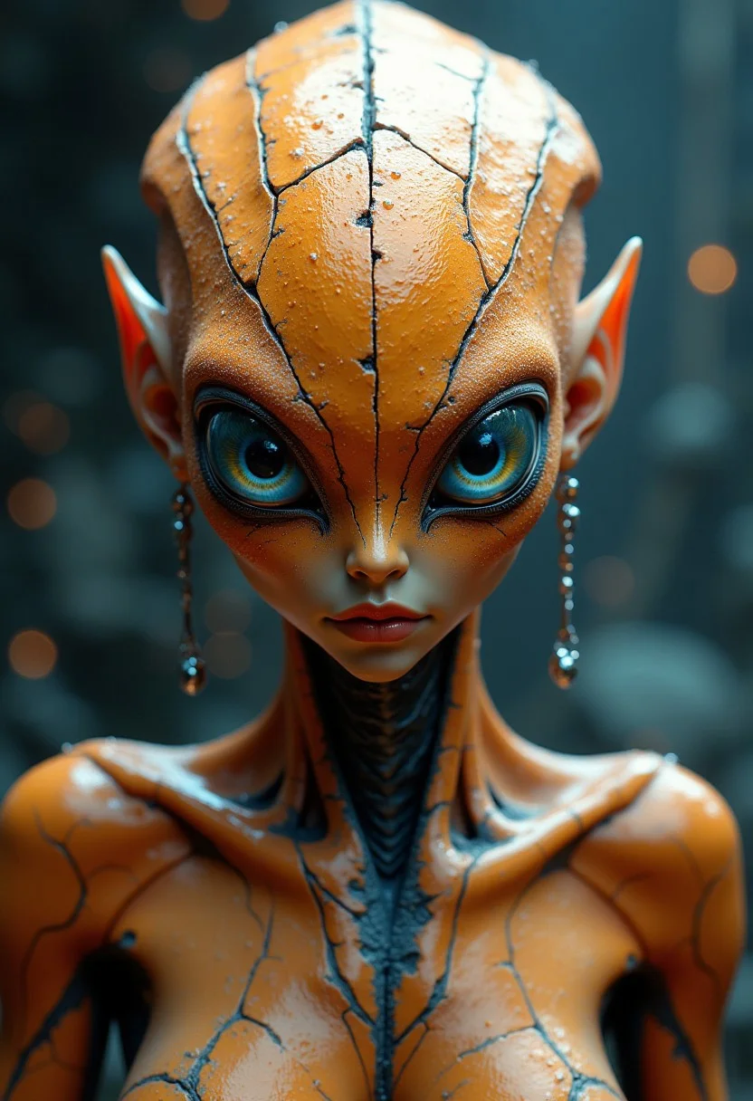 Front view, Ultra HD, 8K, intricate, cinematic, ((Special Species of Alien))), skin like light orange organism group, stunning beauty, blue cracks on skin, frosted color, sharp focus, white colored eyes, dramatic light