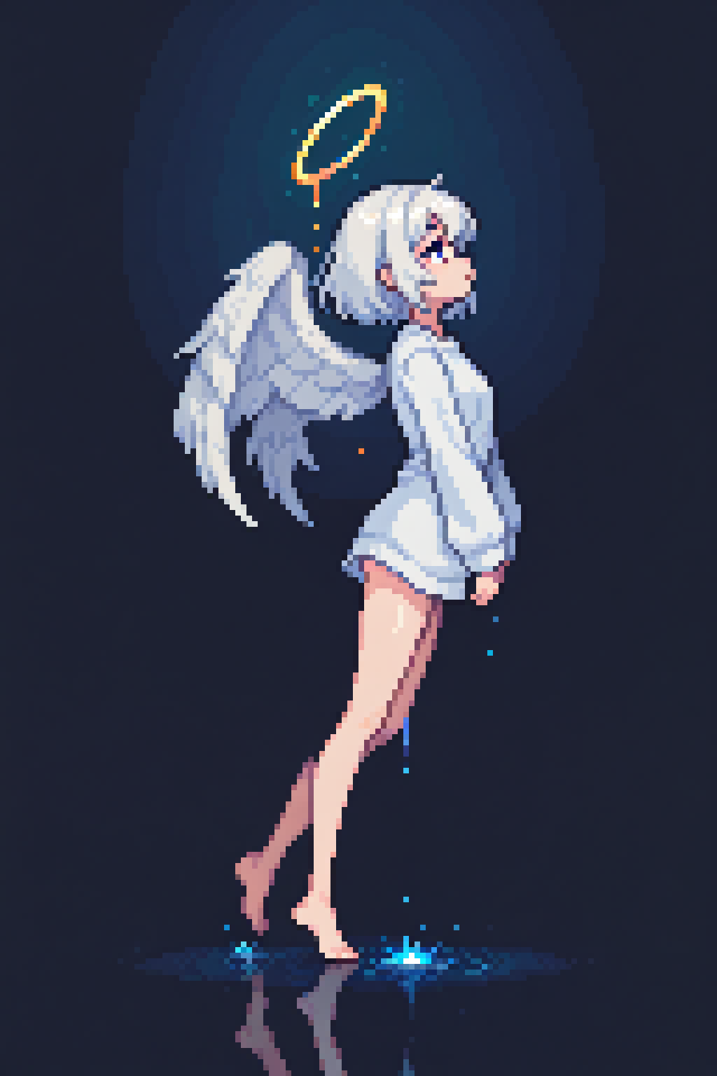 wings, from side, shirt, 1girl, short hair, black background, solo,masterpiece,<lora:0__11Xx:1>  ,incredibly absurdres, angel wings, (scenery, pixel-art, 0__11Xx_illu, night, glowing, dripping, long sleeves, absurdres, barefoot, newest, best quality, newest,, very aesthetic, white hair,absurdres, amazing quality, , feathered wings,masterpiece, white shirt, volumetric lighting), reflection, water
