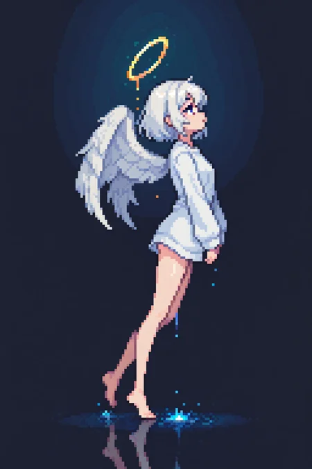 wings, from side, shirt, 1girl, short hair, black background, solo,masterpiece,<lora:0__11Xx:1> ,incredibly absurdres, angel wings, (scenery, pixel-art, 0__11Xx_illu, night, glowing, dripping, long sleeves, absurdres, barefoot, newest, best quality, newest,, very aesthetic, white hair,absurdres, amazing quality, , feathered wings,masterpiece, white shirt, volumetric lighting), reflection, water