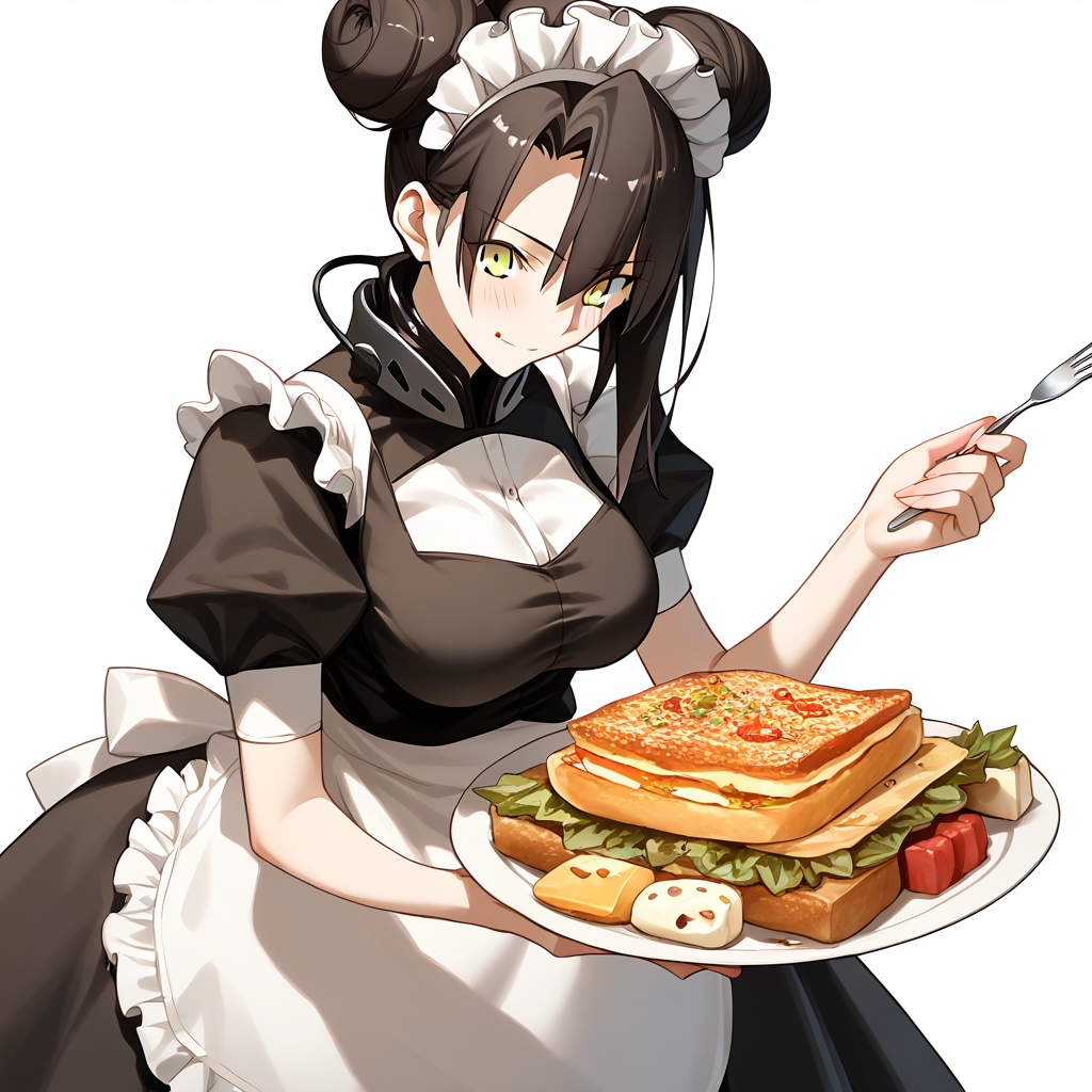 <lora:Takeuchi_Takashi_PonyXL_style_v01:1>
<lora:agent.pony:1>
score_9 , score_8_up , score_7_up , source_anime , 
masterpiece , best quality , ultra-detailed , 
BREAK
agent \(girls' frontline\), maid
1girl , woman , huge breasts , light smile , light blush , ((medusa (fate)):0.5)  , 
long black hair  , maid dress ,  
eating