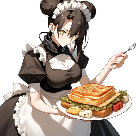 <lora:Takeuchi_Takashi_PonyXL_style_v01:1>
<lora:agent.pony:1>
score_9 , score_8_up , score_7_up , source_anime ,
masterpiece , best quality , ultra-detailed ,
BREAK
agent \(girls' frontline\), maid
1girl , woman , huge breasts , light smile , light blush , ((medusa (fate)):0.5) ,
long black hair , maid dress ,
eating