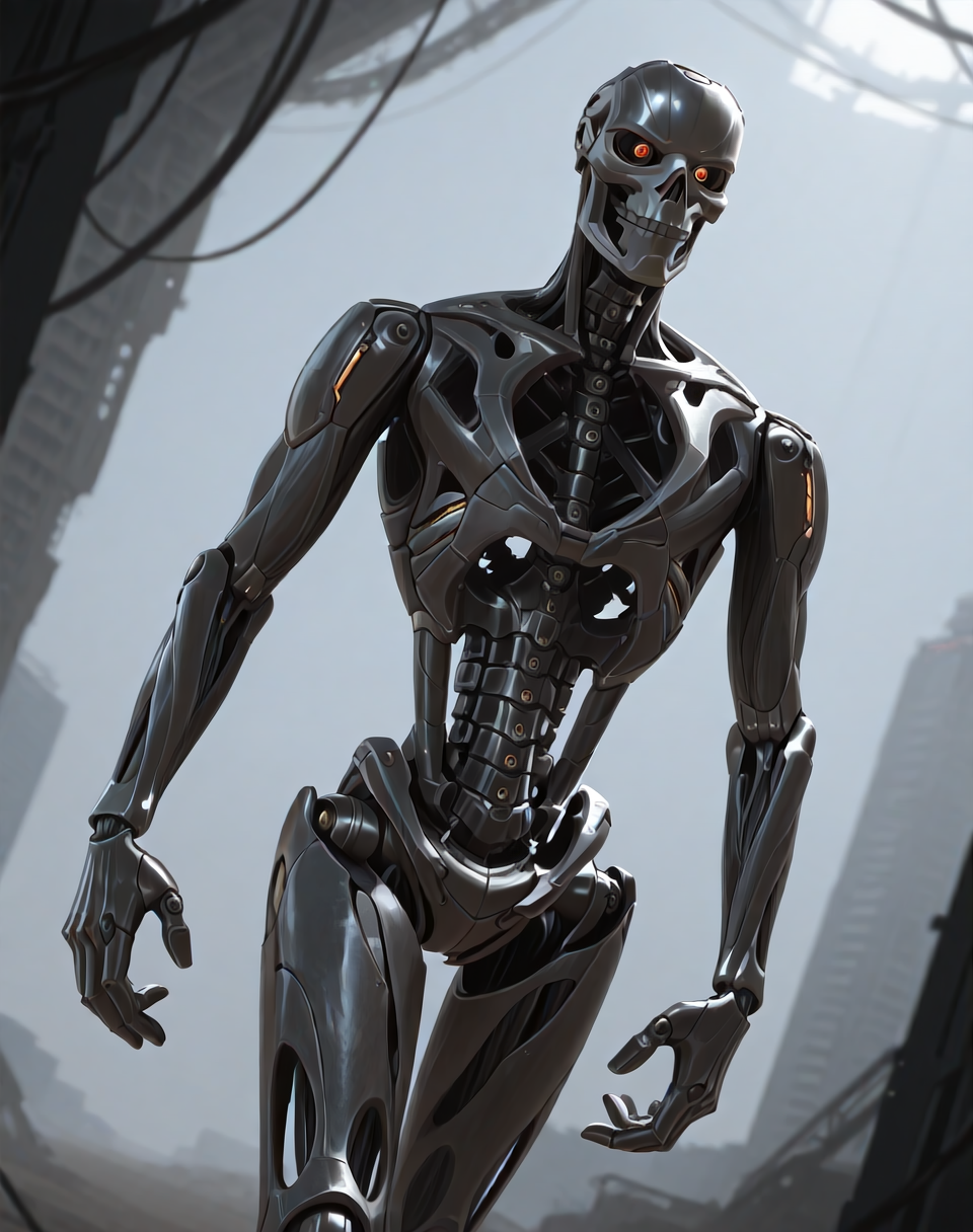 <lora:Rev_9_(Terminator)_(Illustrious)_(AD):1> Rev 9, endoskeleton, robot, 
((
exterior, science fiction,
dutch angle, dynamic action, male focus, solo, villain, solo, powerful, superiority, brushed titanium, 
)),
BREAK: very awe, aesthetically pleasing, masterpiece, best quality, amazing quality, very aesthetic, depth of field, absurd details, depth of field, atmospheric rendering, natural shading, soft shading, photographic realism, 8K 3D CGI render,
BREAK: lazympos, lazypos (3),