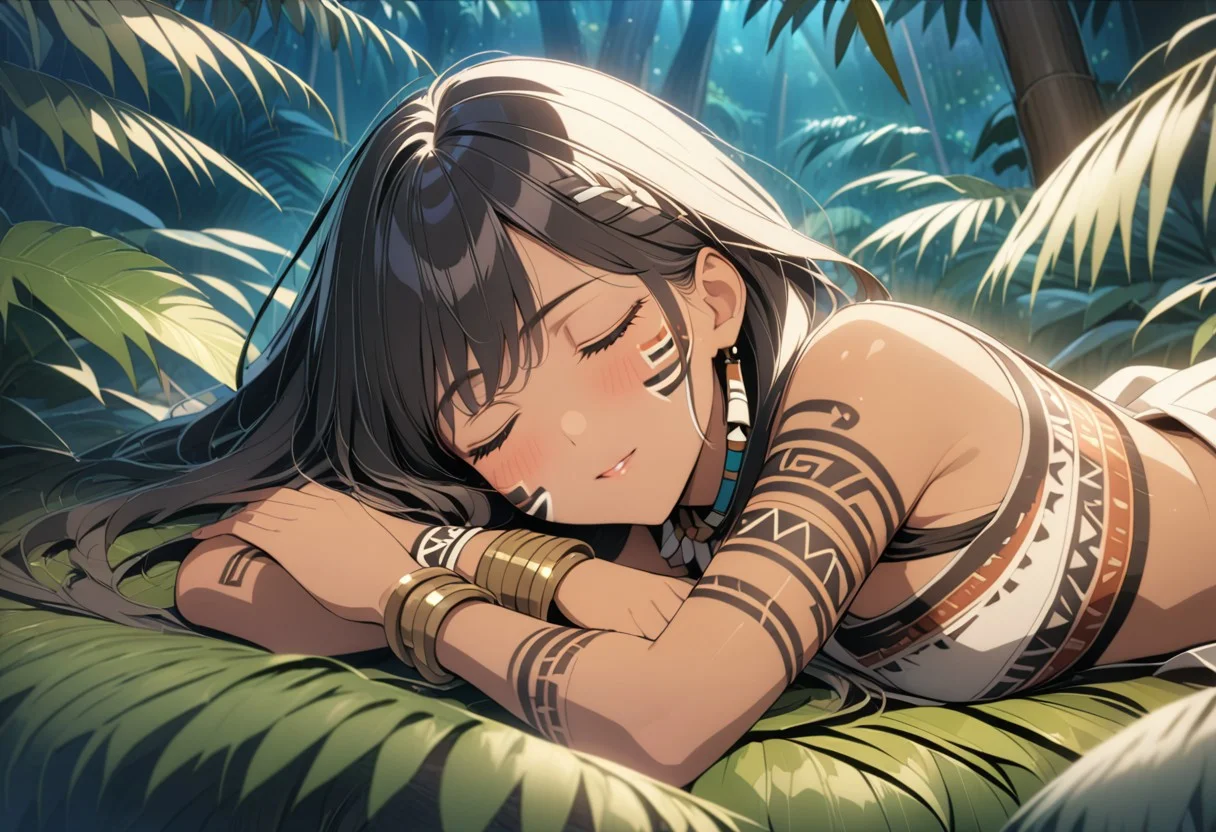 gorgeous lips, cinematic, (masterpiece), (best quality), (ultra-detailed), very aesthetic, illustration, perfect composition, intricate details, absurdres, detailed face, (anime, masterpiece, intricate:1.3), (best quality, hires textures, high detail:1.2), full body shot
1girl, brown skin, tan skin, very long black hair, (messy hair:1.1), perfecteyes, 8k, highest quality, ultra details,( tribal girl:1.2),( tribal paint on body, tribal face paint, tribal tattoos:1.7), beaded necklace, bone necklace, bone earrings, bone bracelets, bangles, medium breasts, toned body, jungle, muddy brown deerskin cropped top with fur trim,( brown fur loin cloth:1.3), barefoot.,
smile, happy,, blush, jungle setting, hair blowing in the wind, skirt blowing in the wind, (sleeping,:1.3)
BREAK, Tropical jungle, rainforest, filled with palm trees, ferns, tropical flowers, vines, coconuts, (lying on a leaf pile,:1.5), night time