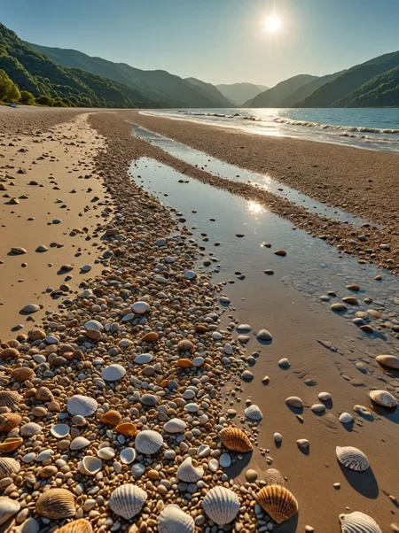 Breathtaking photography. An expansive lunar landscape. At midday with bright, harsh sunlight. A sandy beach with scattered seashells in foreground.  Wide, meandering river flowing through a valley  in background. Award-winning, professional, highly detailed.  <lora:MJ52:0.5> <lora:RMSDXL_Darkness_Cinema:1> (HDR (High Dynamic Range), vibrant colors, high contrast, detailed, UltraHD, 8K, cinematic, 80mm, high detail)
