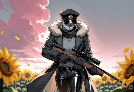 masterpiece, best quality, d3im0s, colored skin, grey skin, facial mark, no eyes, no eyebrows, no nose, no mouth, bald, 1boy, solo, head down, shaded face, walking, facing viewer, holding gun, trigger discipline, sniper rifle, black rifle, black hat, peaked cap, black scarf, black coat, fur-trimmed coat, open coat, floating coat, black gloves, leather gloves, grey shirt, black pants, leather pants, black belt, outdoors, scenery, sunflower field, falling petals, yellow petals, sunbeam, sidelighting, pink cloud, windy, blurry background, cowboy shot