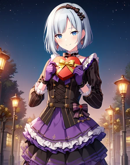 yoisaki_kanade, grey hair, blue eyes, gloves, earrings, jewelry, bow, holding, valentine, gift, dress, long sleeves, medium hair, black frilled dress, purple gloves, official art BREAK outdoors, bridge , starry sky, stars, BREAK looking at viewer, cute face, smile, blush, confession, cowboy shot BREAK score_9, score_8_up, score_7_up, source_anime ,zPDXL, perfect hand, <lora:Yoisaki_Kanade:0.8>, petite body, small breasts, solo