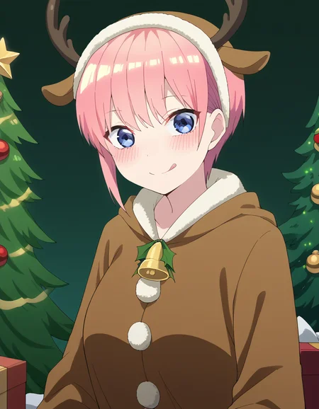 score_9, score_8_up, score_7_up, source_anime, <lora:ichika-nakano-s2-ponyxl-lora-nochekaiser:1>, ichika nakano, short hair, bangs, blue eyes, hair between eyes, pink hair, pixie cut, large breasts, <lora:reindeer-costume-ponyxl-lora-nochekaiser:1>, reindeer costume, animal costume, reindeer antlers, antlers, fake antlers, reindeer hood, christmas, red nose, deer ears, deer tail, christmas tree, bell, horns, reindeer,, blush, smile, tongue out, looking at viewer,,