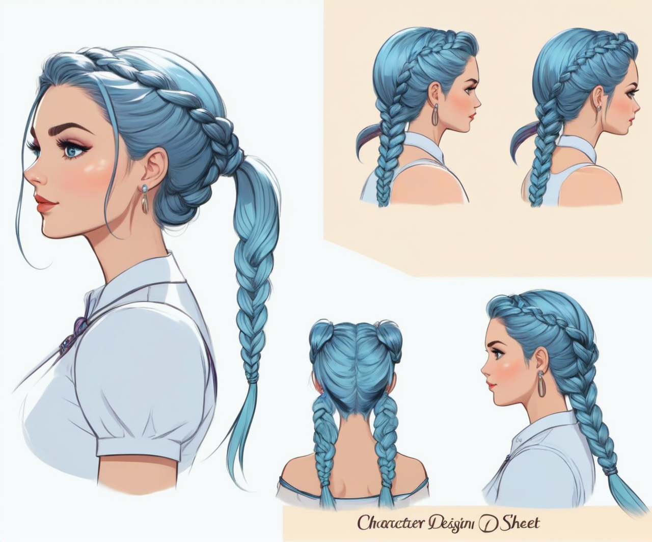 Character Design Sheet , a gorgeous woman, braided pigtails , character reference sheet, character turn around
