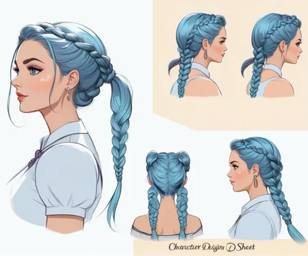 Character Design Sheet , a gorgeous woman, braided pigtails , character reference sheet, character turn around