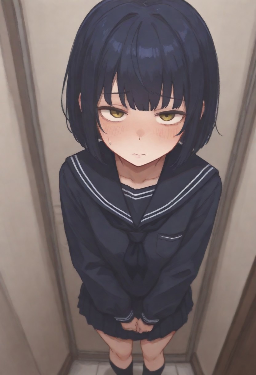 1 girl, small girl, standing, black sailor uniform, short girl, black socks, short dark blue hair, yellow eyes, shy girl, unconfindent, tarustyle, artist:moriimee