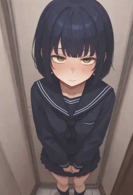 1 girl, small girl, standing, black sailor uniform, short girl, black socks, short dark blue hair, yellow eyes, shy girl, unconfindent, tarustyle, artist:moriimee