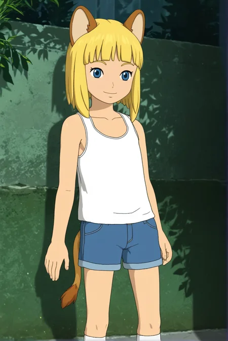 source_anime, drawyng style, solo, Evan Pettiwhisker, child male, skinny, blonde hair, cat ears, lion tail, smile, stands leaning against the wall, denim shorts, cowboy shot, white tank-top, outdoors, close view, <lora:Evan_Pettiwhisker:0.9>