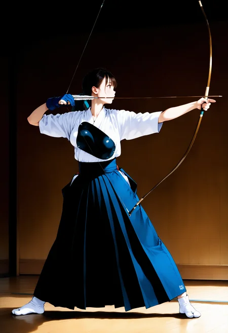 masterpiece,best quality,1girl,full_body,standing,open_stance,indoors,dojo,medium breasts,looking to the side BREAK
kyudo-aiming,holding bow \(weapon\),drawing bow,bow_string,arrow \(projectile\),aiming,partially fingerless gloves,yugake,closed mouth,kyuudougi,hakama,hakama skirt,tabi,muneate,<lora:kyudo-aiming-NAIePred:1>,