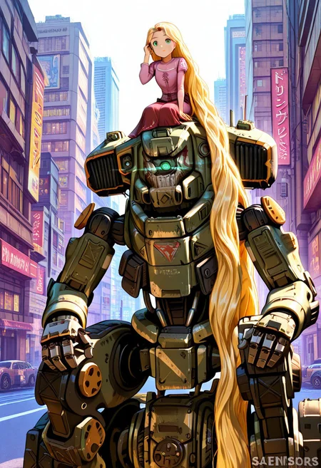 very large titan_\(titanfall\), mecha , 1girl ,blonde hair, green eyes, very long hair, (( Rapunzel is sitting on the head of her giant titan mech)), she is tucking her hair as it flows to the ground ,Volumetric lighting, blonde hair, Urban city in the background ,<lora:titanfall.safetensors:1.0:1.0>, IllusP0s, masterpiece,best quality,amazing quality,IllusN3g, detailed