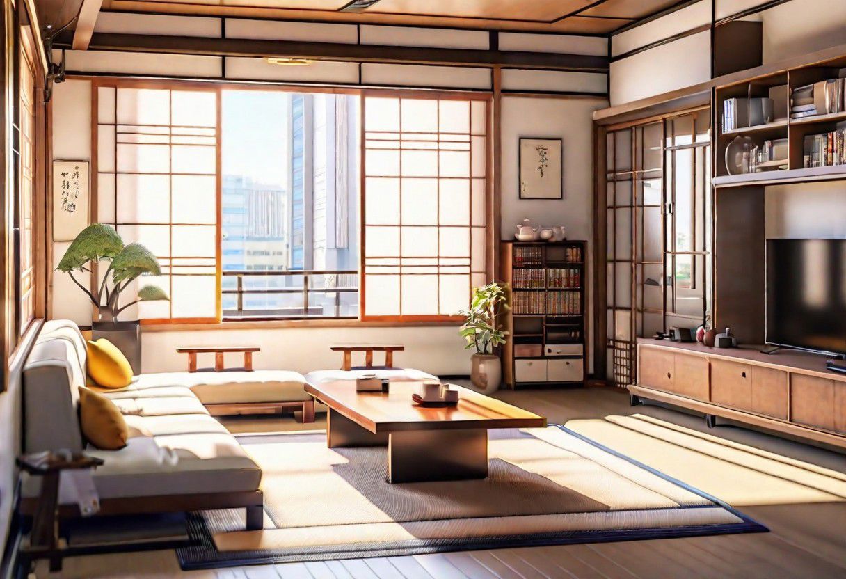 ((front view)), ((Japanese animation style)), modern-style interior, with white walls, (large windows), Nordic-style furniture, a  study, Sofa, coffee table, bookcase, single wall, 
warm light morning sun, (the view of the city)