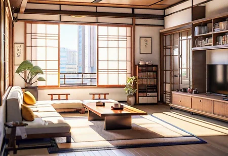 ((front view)), ((Japanese animation style)), modern-style interior, with white walls, (large windows), Nordic-style furniture, a  study, Sofa, coffee table, bookcase, single wall, 
warm light morning sun, (the view of the city)