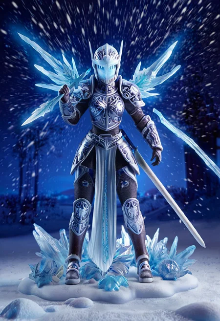 Hyperrealism, fully dressed, female character, slim body, petite, night, ice leather armor, leather armor made of ice, frost, snowing, snow, frozen, galactic, (extremely detailed overall:1.5), closer, (GIGA ARMOR:1.5), translucent armor, meteor falling background, full face helmet, supreme armor, sfw only, full body, fr0stwrld, action figure, sub zero, (huge ice sword), (hyper_sword), (parade Rest with Ice Sword),
