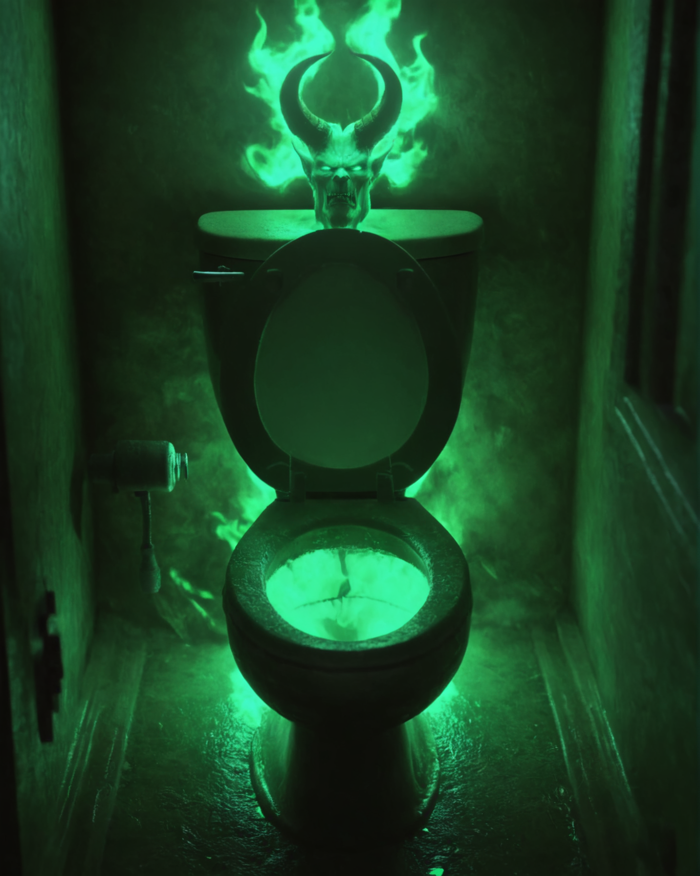 cinewow demon illidary green glowing toilet,epic,cinematic,masterpiece, <lora:cinewow-step00000200:1>