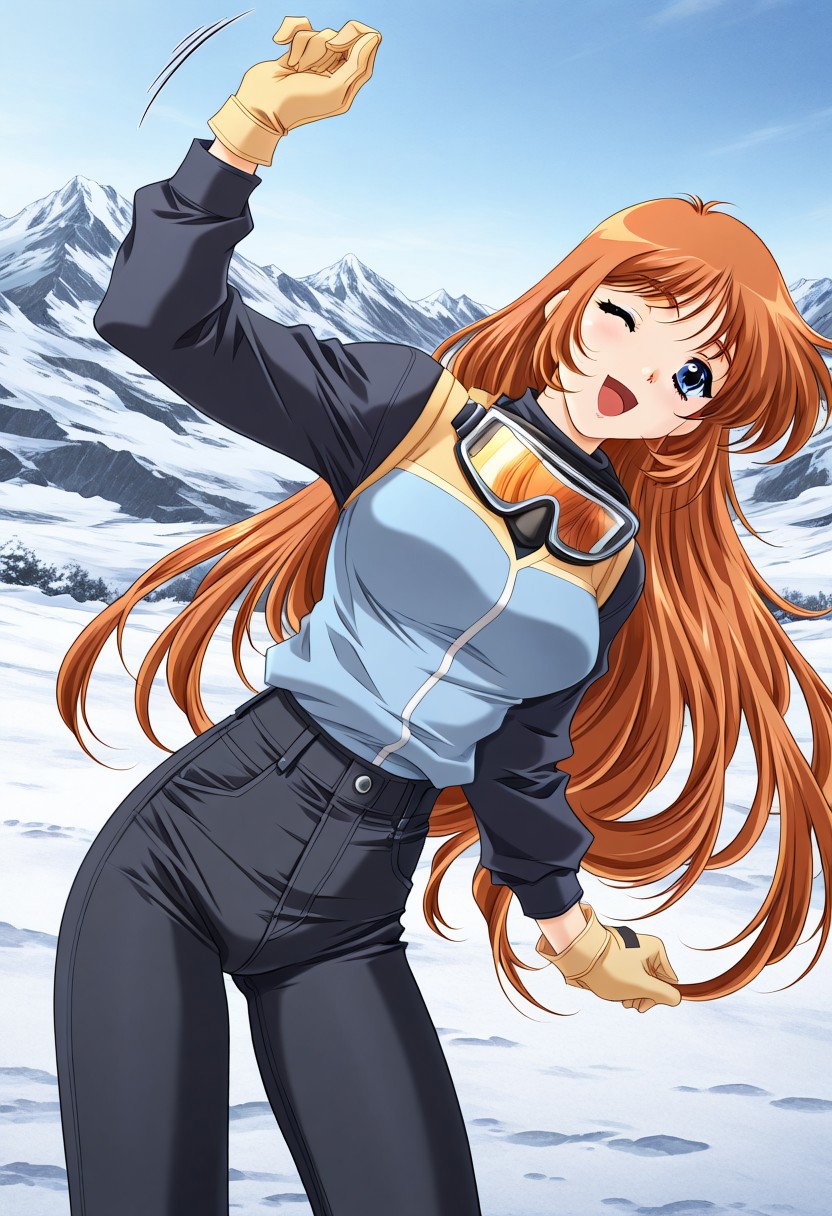masterpiece, best quality, newest, highres, uncensored, 1girl, yokota mamoru style,1girl, slender face，motion lines, ,Kobayakawa_Mizuho, blue eyes, very long hair, orange hair, bangs, breasts,Brown Hair , Waist Length hair, Blue Eyes,1990s (style),
solo, snow, mountain,1girl, gloves, mountain, day, one eye closed, goggles, smile, sky, open mouth, outdoors,black jeans