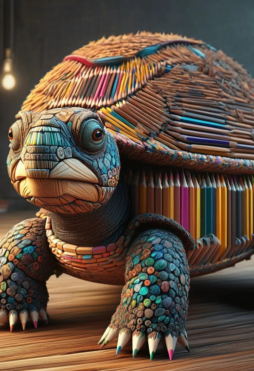 Pencil_morph_style, a cartoon turtle, made of pencils, enhanced textures, creative, beautiful, vibrant, masterpiece, 8k, Ultra HD, amazing details, amazing quality, amazing artist, sharp edges, detailed textures, full view, atmospheric lighting, amazing visuals