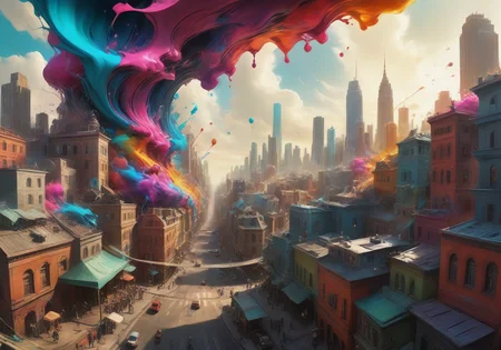 a panorama of a city,<lora:paintmgc:1.1>,paintmgc,cinematic,colorful paint