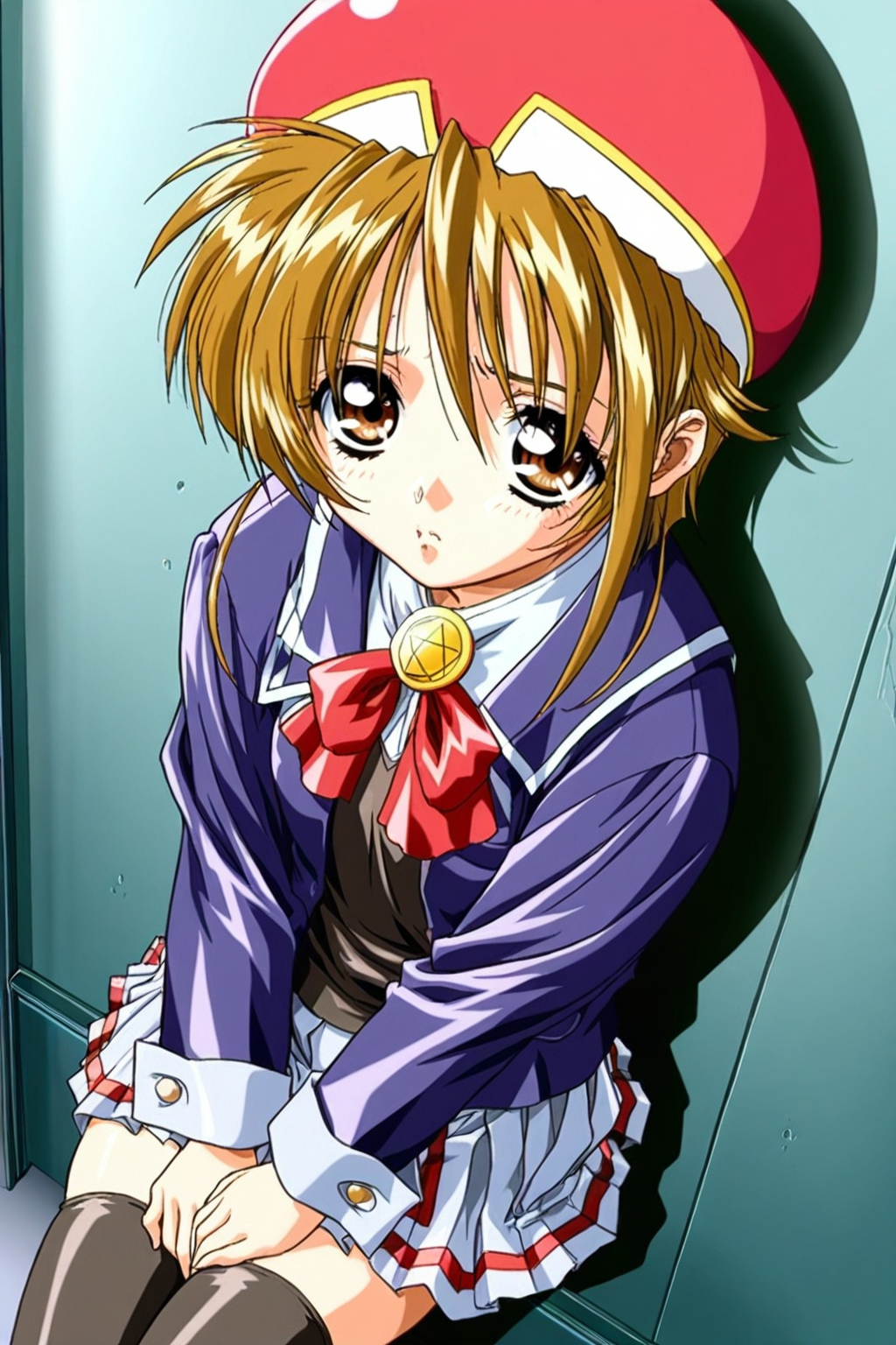 <lora:hiiragi chihaya IL:0.7>,hiiragi chihaya,brown eyes,brown hair,short hair,hat,thighhighs,skirt,jacket,long sleeves,black thighhighs,pleated skirt,from_above,, 1girl,masterpiece,best quality,amazing quality,very aesthetic,absurdres,newest,8K,prefect face, uncensored,