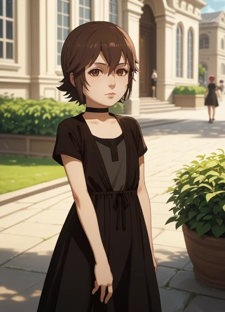 (score_9, score_8_up:1.1), score_7_up, official art, official wallpaper, irisamicitia, choker, black dress, short sleeves <lora:IrisAmicitia_BH_(PonyXL):1>, solo focus,