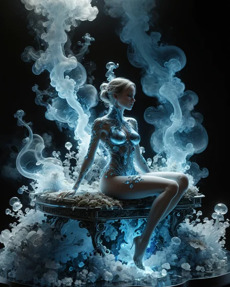 sexy bioengineered female anthropomorphic smoke elemental lounging on a dais, organic bioluminescent patterns, partially opaque, full body, crystals, hauntingly beautiful, hyperrealistic, ultra resolution, professional photo, John Berkey Style page <lora:add-detail-xl:1.0>  <lora:xl_more_art-full_v1:0.4>   <lora:John Berkey Style:0.4>