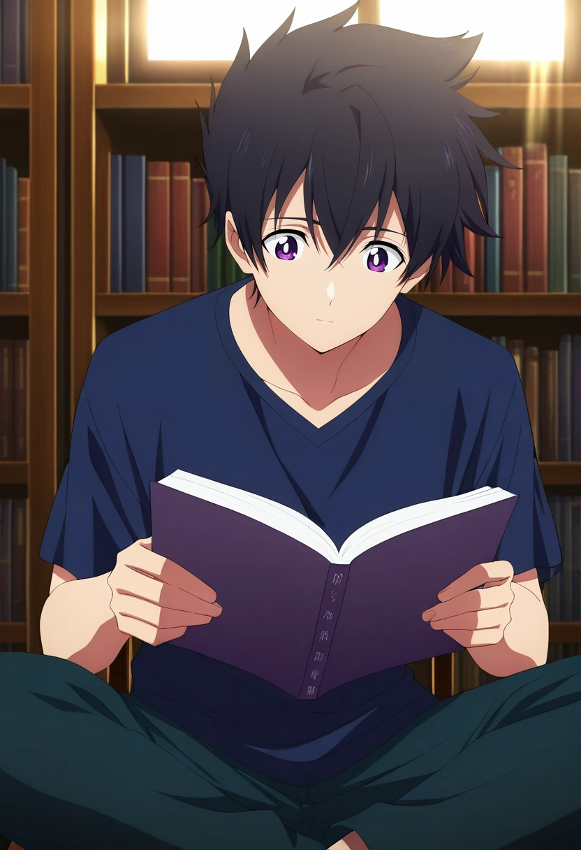 masterpiece, best quality, anime screencap, official style, anime coloring, cowboy shot, 1boy, solo, male focus, <lora:ryuunosuke_minakata_ilxl:0.94>, ryuunosuke_minakata, black hair, purple eyes, short hair, bangs, hair between eyes, library, bookshelf, sunbeam, window, book, reading, afternoon, sitting cross-legged, absorbed expression,