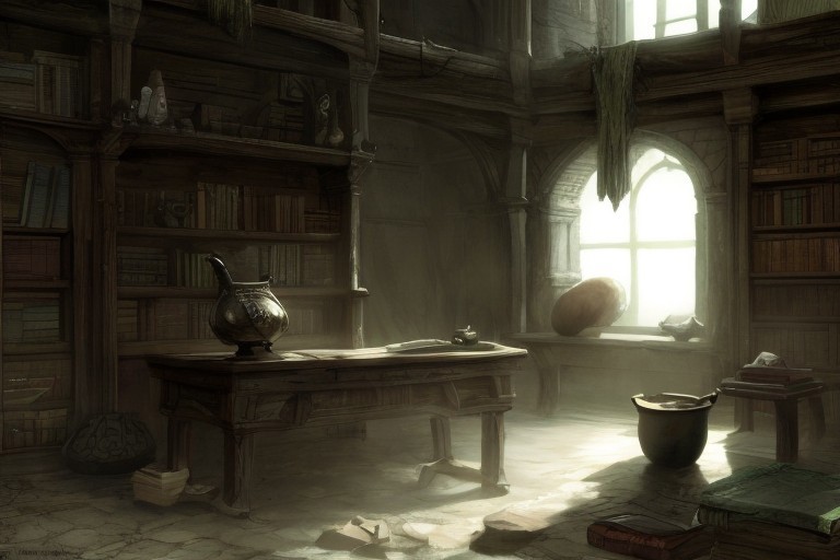 medieval, interior, medieval interior, wooden interior, table, chair, big black cauldron, shelves, books, scrolls, window covered with thin see-through animal hides, (jars filled with mysterious ingredients for brewing potions with:0.4), herbs, a small pestle and mortar, 
HD, very detailed, ambient lighting,
<lora:more_details:1> <lora:Bloodborne:0.25> ,   <lora:FantasyInteriors:0.4> fanint <lora:FantasyStudy:0.4> fanstu
