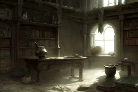medieval, interior, medieval interior, wooden interior, table, chair, big black cauldron, shelves, books, scrolls, window covered with thin see-through animal hides, (jars filled with mysterious ingredients for brewing potions with:0.4), herbs, a small pestle and mortar, 
HD, very detailed, ambient lighting,
<lora:more_details:1> <lora:Bloodborne:0.25> ,   <lora:FantasyInteriors:0.4> fanint <lora:FantasyStudy:0.4> fanstu