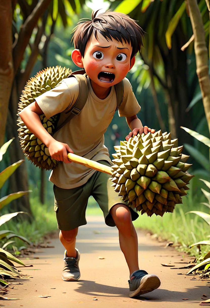 The story tells of a boy, chubby and with little hair, who was running with a large durian. His old mom chased him with a wooden stick because she feared for her son's safety. Although the boy cried out in fear, his mother actually acted out of love for her son. This story illustrates the bond of love between a mother and child.