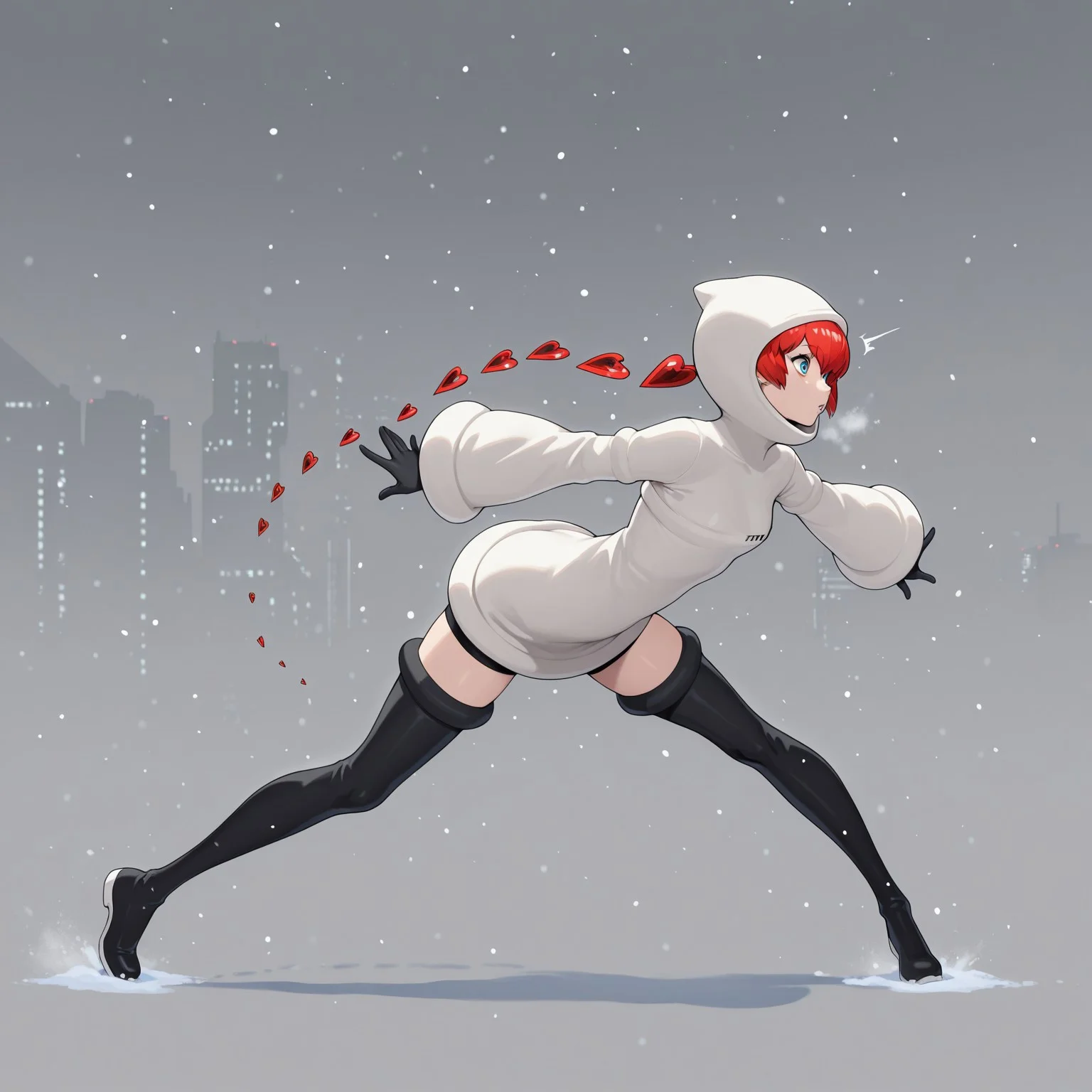 masterpiece,best quality,amazing quality,
1girl, solo, dynamic pose,
Sophia Persona, white hoodie, red hair, detached hair, hearts, black footwear,, defaultsophia, ponytail, hood, hood up, thigh boots, gloves, cyberpunk city, snow,