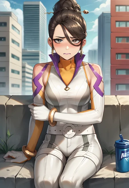 score_9, score_8_up, score_7_up, source_anime, masterpiece, 1girl, ct_s1erra, grey eyes, medium breasts, yellow turtleneck, white bodysuit, elbow gloves, logo, R, white belt, bracelet, looking at viewer, outdoors, city, depth of field, sitting, blush, phone, nervous,<lora:Sierra_pokemongo_ct:1>