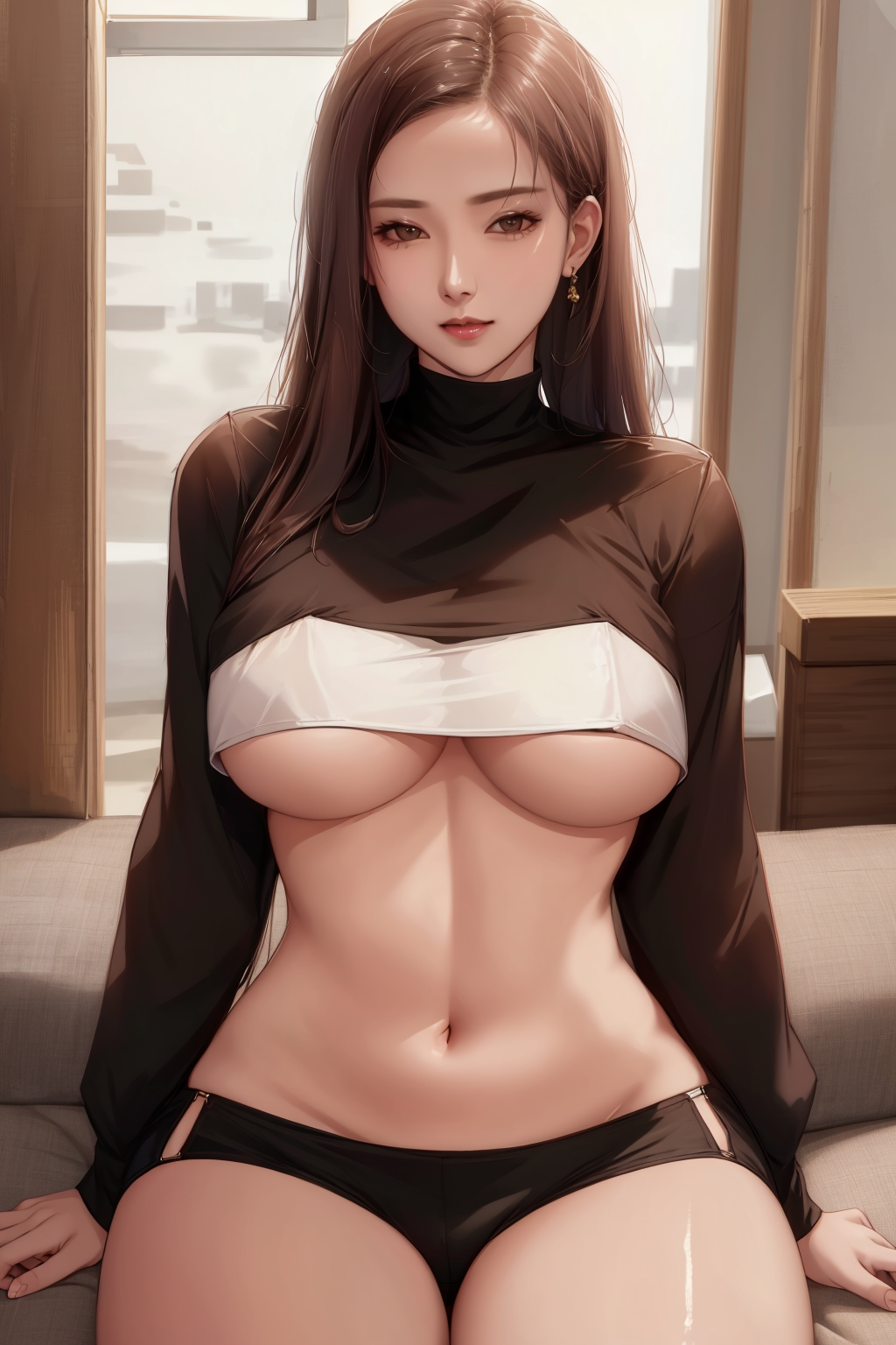 ((best quality)), absurdres, (ultra high res), a mature woman in crop top, long long sleeves, underboob, sitting, long hair, perfect female body, looking at viewer, extremely detailed, 8k , masterpiece, <lora:croptop:0.77>