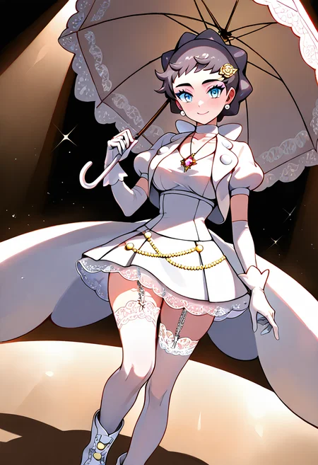 masterpiece, best quality,  curvy, beautiful eyes, narrow waist, wide hips, smile, looking at viewer, dynamic angle, foreshortening, close up,    zzDiantha, diantha (pokemon), blue eyes, grey hair, short hair, makeup, eyeshadow,  <lora:DianthaPokemon_IXL:1.0>  [Saloon Showstopper Diva], ruffled corset top, layered feathered skirt, satin elbow-length gloves, velvet choker with pendant, thigh-high lace stockings, lace-trimmed garter belt, ribboned heeled boots, rose hairpin, gold-trimmed parasol, pearl earrings, velvet bustle train, old western saloon stage, spotlight pose,