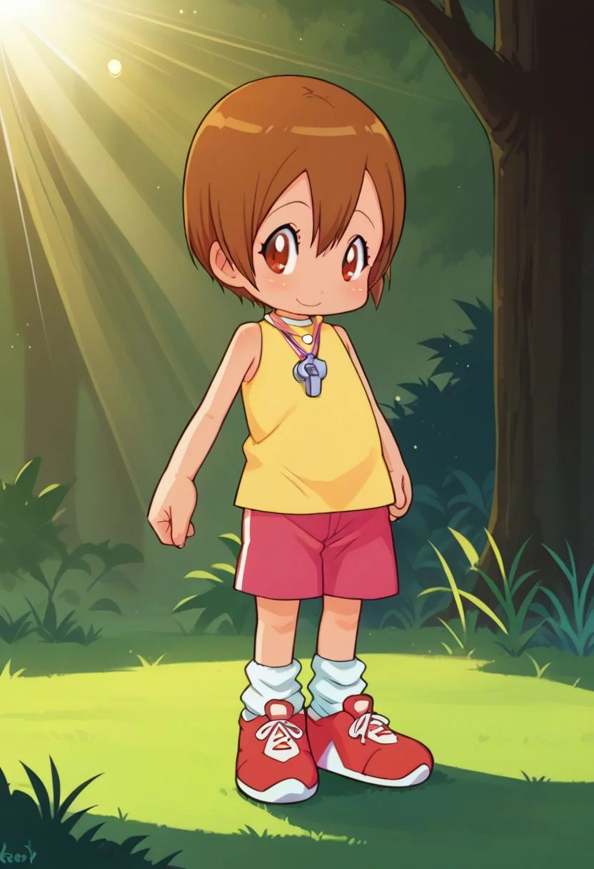 score_9, score_8_up, score_7_up, score_6_up, score_5_up, score_4_up, BREAK, source_cartoon, source_anime,
1girl, solo, <lora:Digimon:0.8> digimon, 1girl, solo, hikari, brown hair, brown eyes, short hair, yellow shirt, sleeveless, pink scarf, pink shorts, white socks, red sneakers, whistle,, outdoors, ambient lighting, sunlight, colorful, vibrant, petite, skinny, looking at viewer, cute, flat chest,