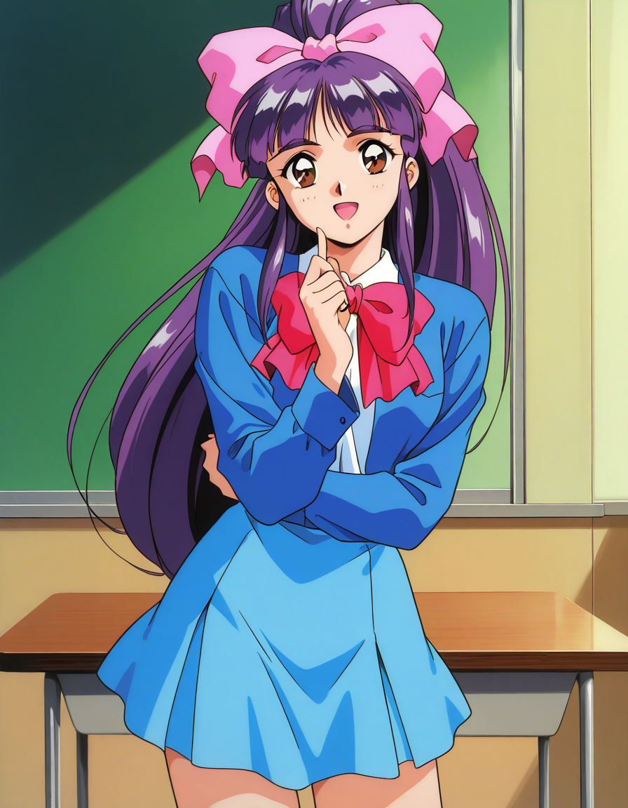 general,highres, ultra-detailed,very aesthetic,best quality ,best hands,  BREAK <lora:Midou_Miko_IS:1> Midou_Miko, 1girl,solo, pink bow, purple hair, long hair,hair ribbon, brown eyes, ponytail, bangs, 1990s (style), anime coloring,
 bow, light blue skirt, white shirt, blue jacket, smile,looking at viewer, cowboy_Shot,
school uniform, smile, 1990s (style), open mouth, long sleeves,  red bow,
class room,