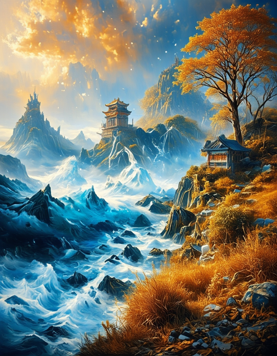 <lora:Medieval_Worlds_Scenery01cflux:1> mwl01, scenery, vegetation, rough sea, fantasy, gold, T4, blue, orange, yellow, bokeh, brown, tree, white stork, chinese temple