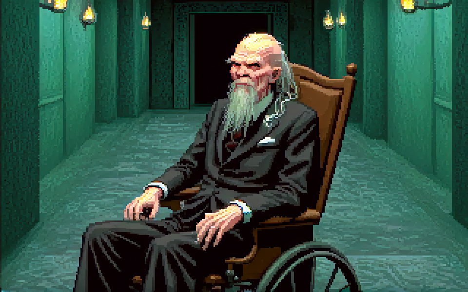 <lora:bigtroubleinlittlechina sdxl - damocles_aaa:0.9> <lora:lucasarts style:1.3> lucasarts style,
, 2d flat shading, pixel art, video game screenshot
oldman,close-up,sitting on a wheeelchair,in a hallway