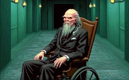 <lora:bigtroubleinlittlechina sdxl - damocles_aaa:0.9> <lora:lucasarts style:1.3> lucasarts style,
, 2d flat shading, pixel art, video game screenshot
oldman,close-up,sitting on a wheeelchair,in a hallway