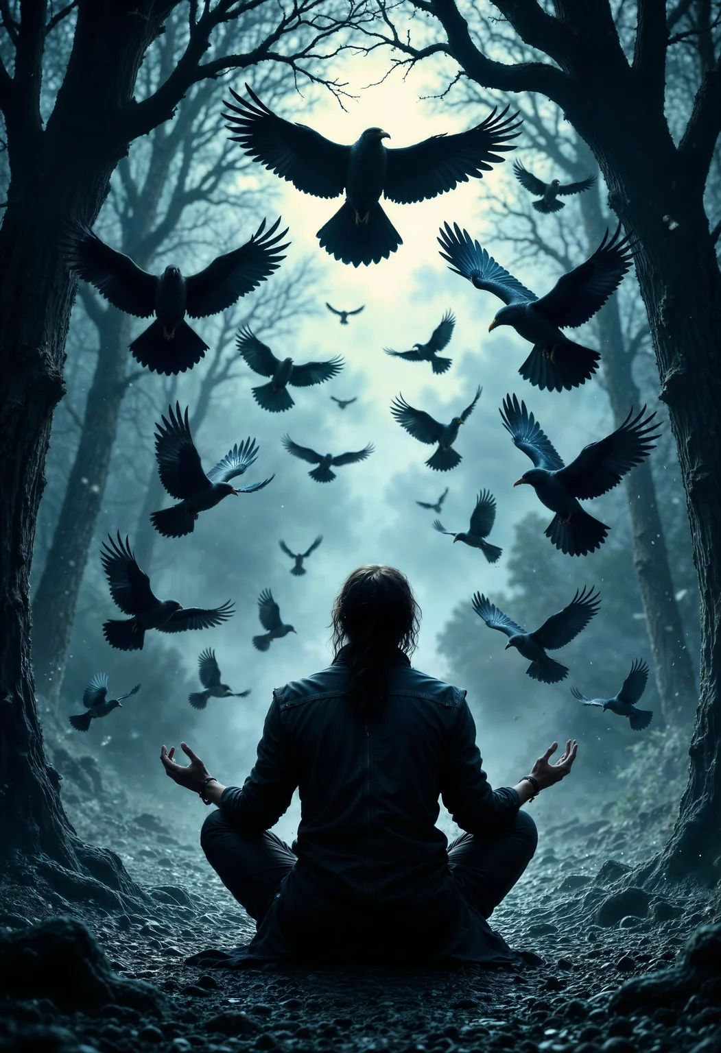 a dramatic and atmospheric scene. The layout is vertical, focusing on a central figure sitting with their back to the viewer, surrounded by a multitude of crows in flight. The figure appears to be wearing tattered clothing, suggesting a rugged or mysterious character. The background is a swirling mix of dark and light shades, creating a sense of depth and movement. The crows are detailed, with outstretched wings and varied positions, adding dynamic energy to the scene. The overall color palette is dominated by dark blues, grays, and blacks, with subtle highlights that enhance the moody and enigmatic atmosphere. The composition draws the eye upwards, following the flight of the birds into a lighter area at the top, suggesting an opening or sky. The style is illustrative, with a focus on texture and contrast, creating a visually striking and immersive image.